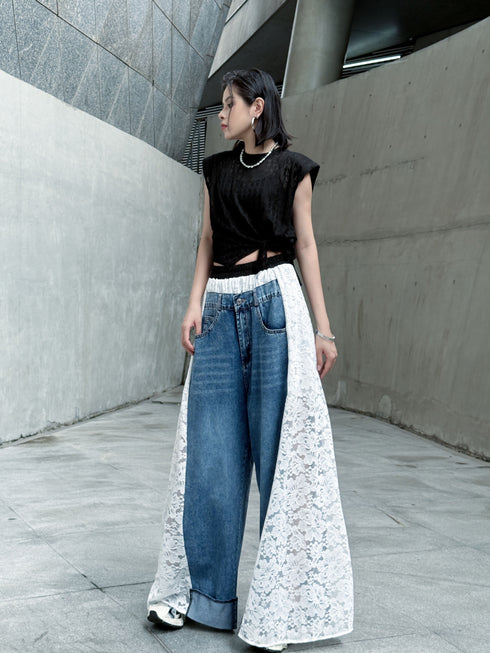 Lace Contrast Wide Denim Pants